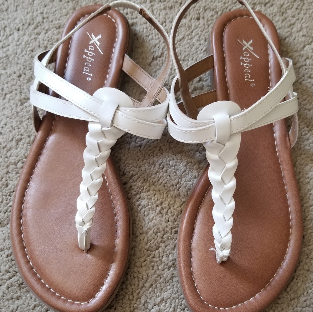 White and tan faux leather sandals